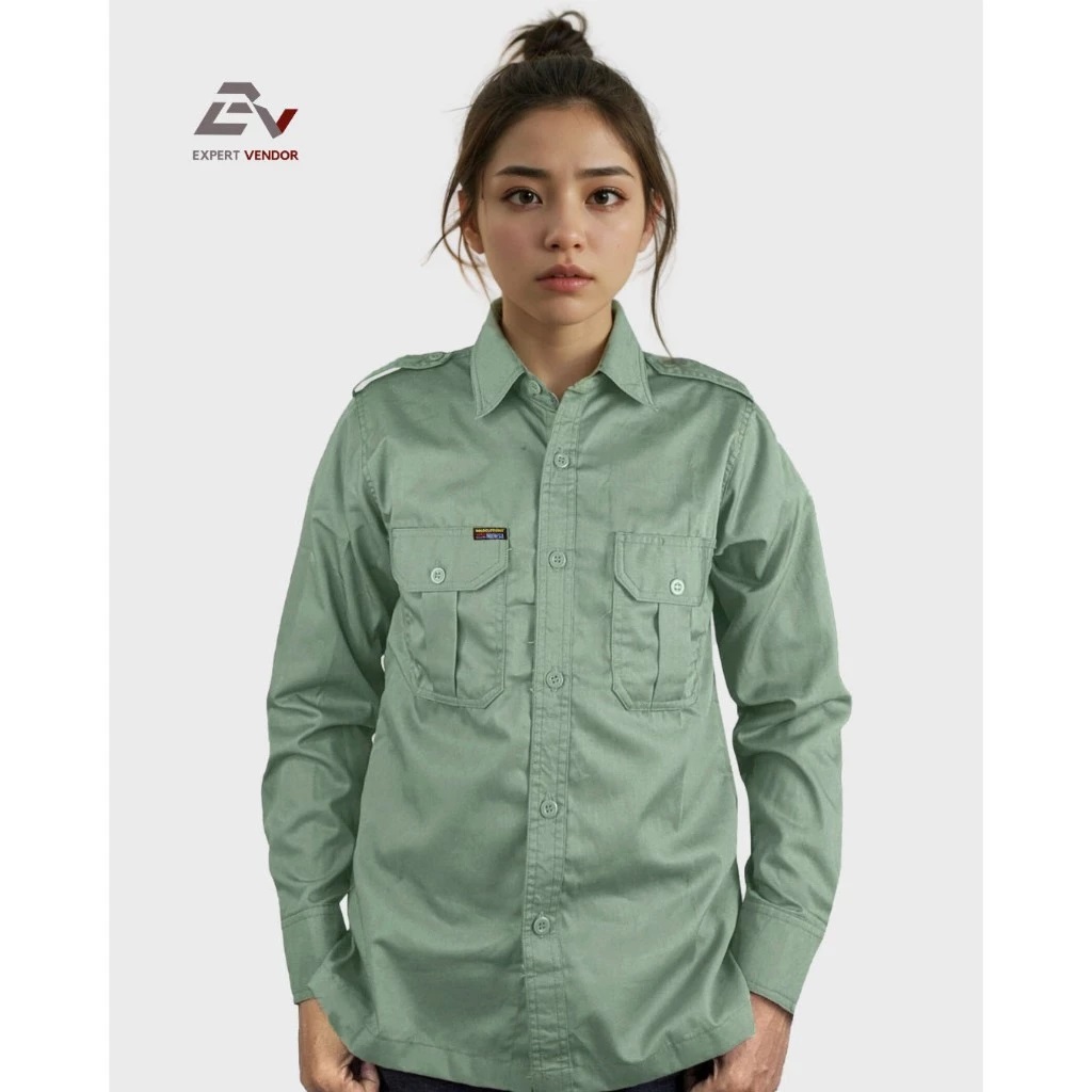 BAJU POLOS BASIC _ Kemeja Lapangan_ Gunung_ Outdoor _ PDL_ PDH Formal Panjang Warna Merah Cabe, Khaki, Hijau Sage, Kuning Mustard - Expert Vendor Hijau Sage
