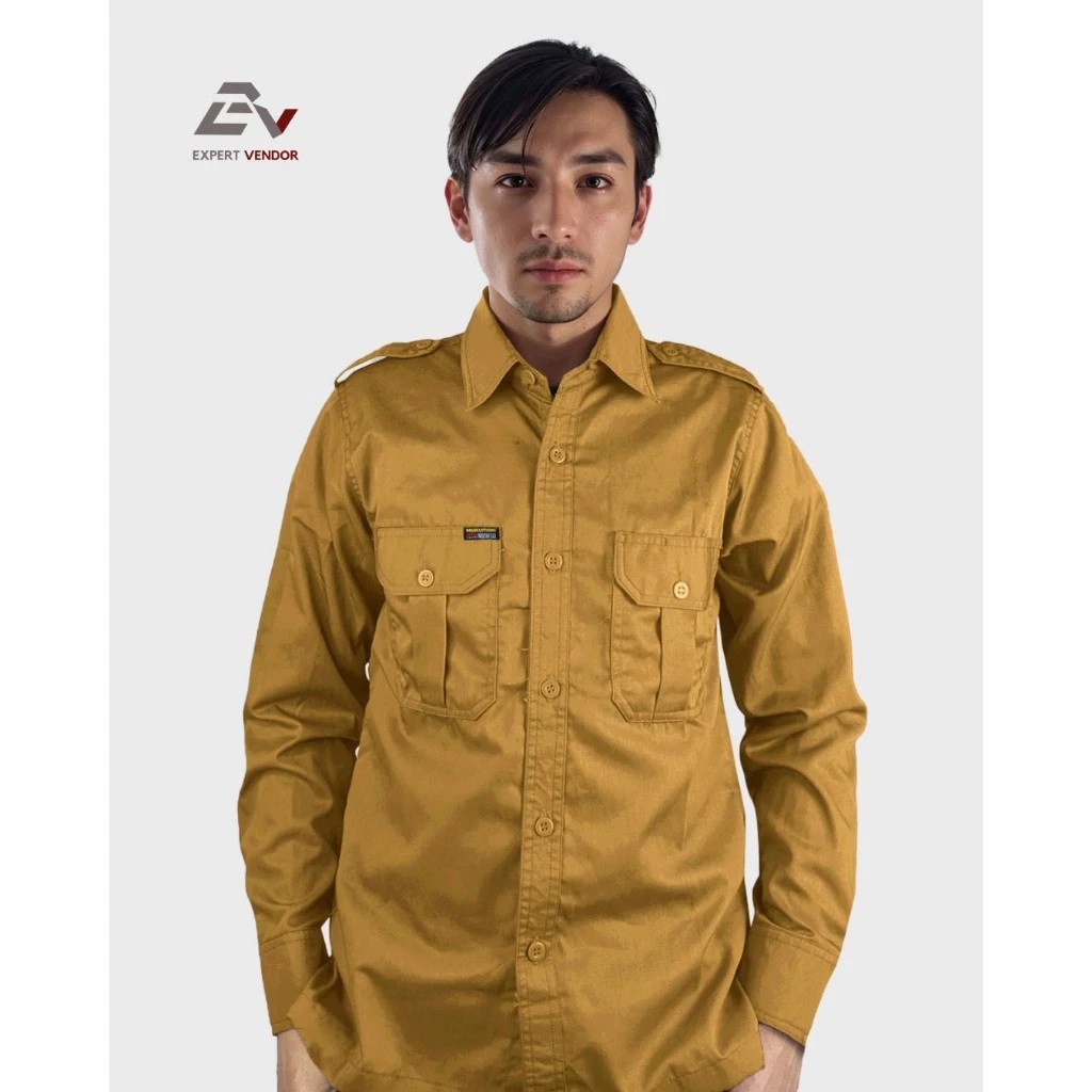 BAJU POLOS BASIC _ Kemeja Lapangan_ Gunung_ Outdoor _ PDL_ PDH Formal Panjang Warna Merah Cabe, Khaki, Hijau Sage, Kuning Mustard - Expert Vendor Kuning Mustard