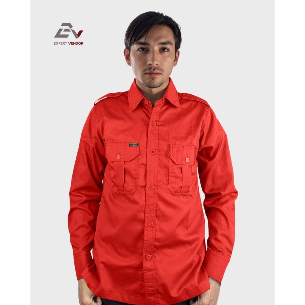 BAJU POLOS BASIC _ Kemeja Lapangan_ Gunung_ Outdoor _ PDL_ PDH Formal Panjang Warna Merah Cabe, Khaki, Hijau Sage, Kuning Mustard - Expert Vendor Merah Cabe